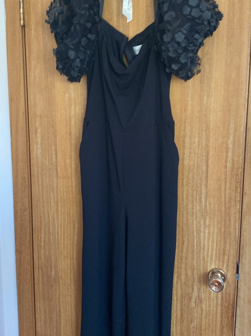 Premier Black Jumpsuit with Floral Sleeve Detail